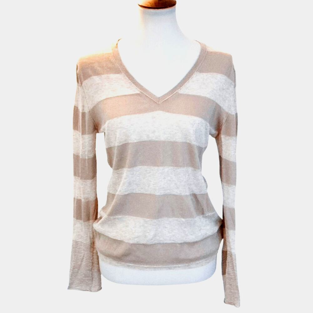 360 Sweater Semi Sheer 100% Cotton Beige Stripe Sweater, Small